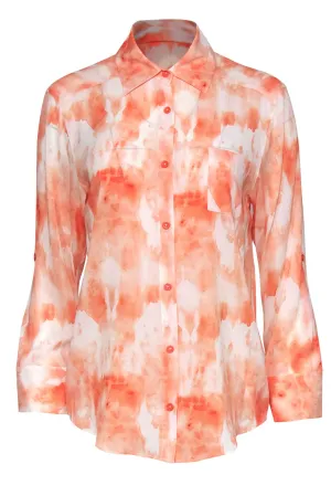 Alice & Olivia - Orange & Cream Watercolor Print Button-Up Silk Blend Blouse Sz S