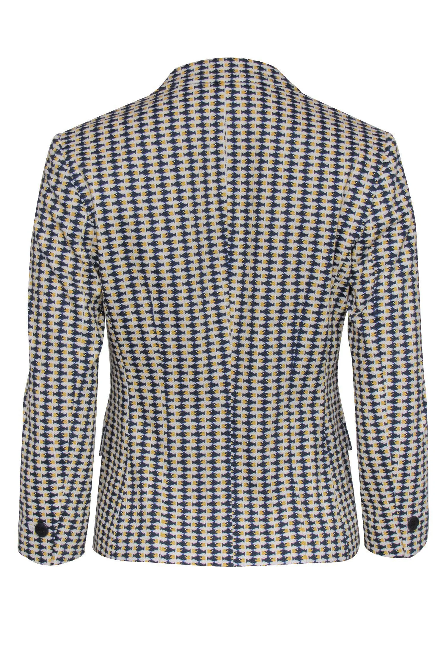 BOSS Hugo Boss - White, Navy & Yellow Fish Print Buttoned Blazer Sz 2