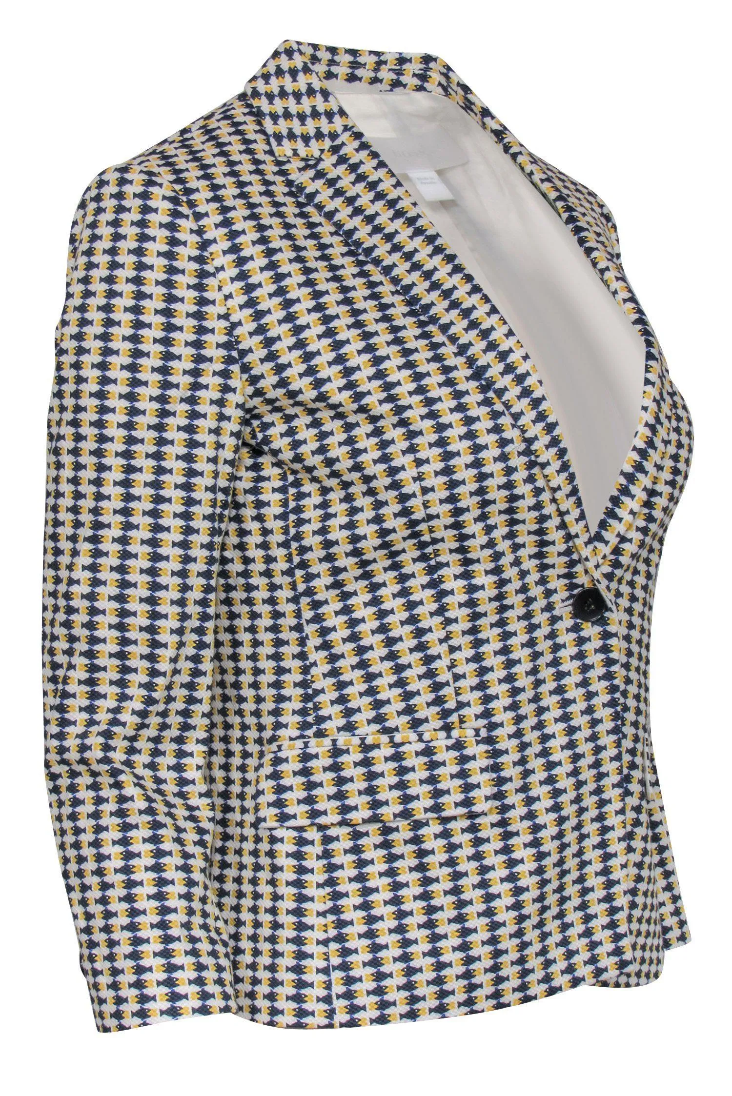 BOSS Hugo Boss - White, Navy & Yellow Fish Print Buttoned Blazer Sz 2
