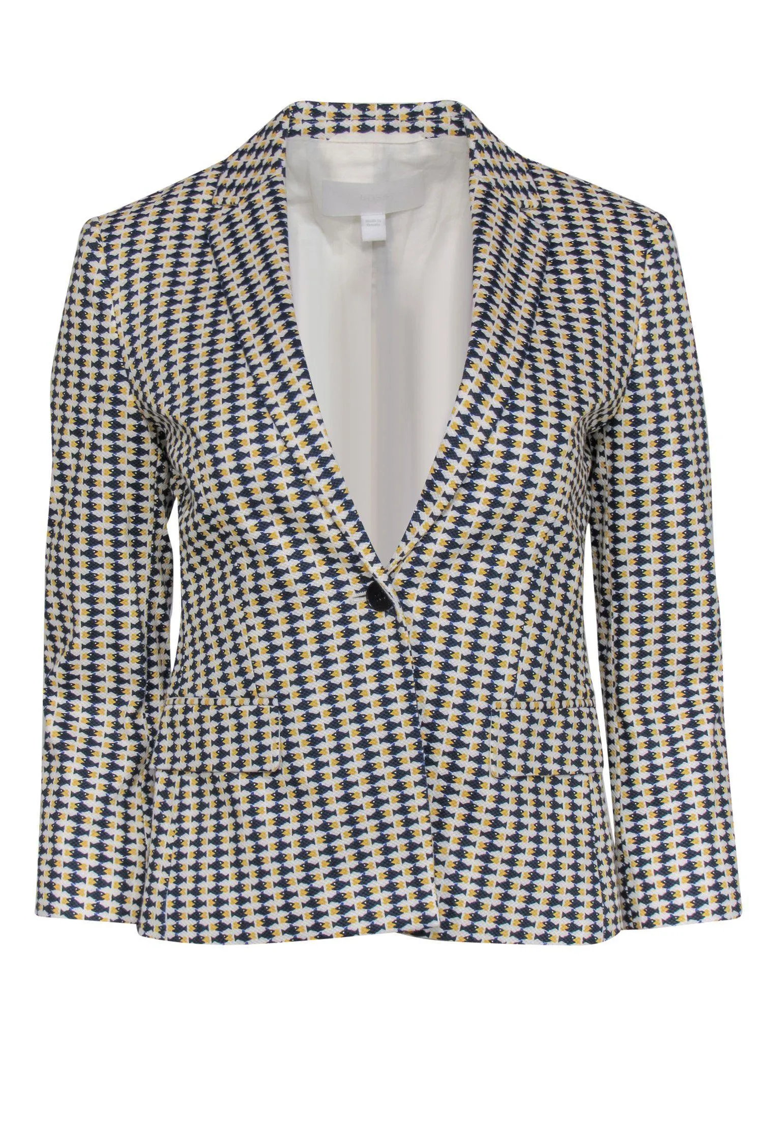 BOSS Hugo Boss - White, Navy & Yellow Fish Print Buttoned Blazer Sz 2