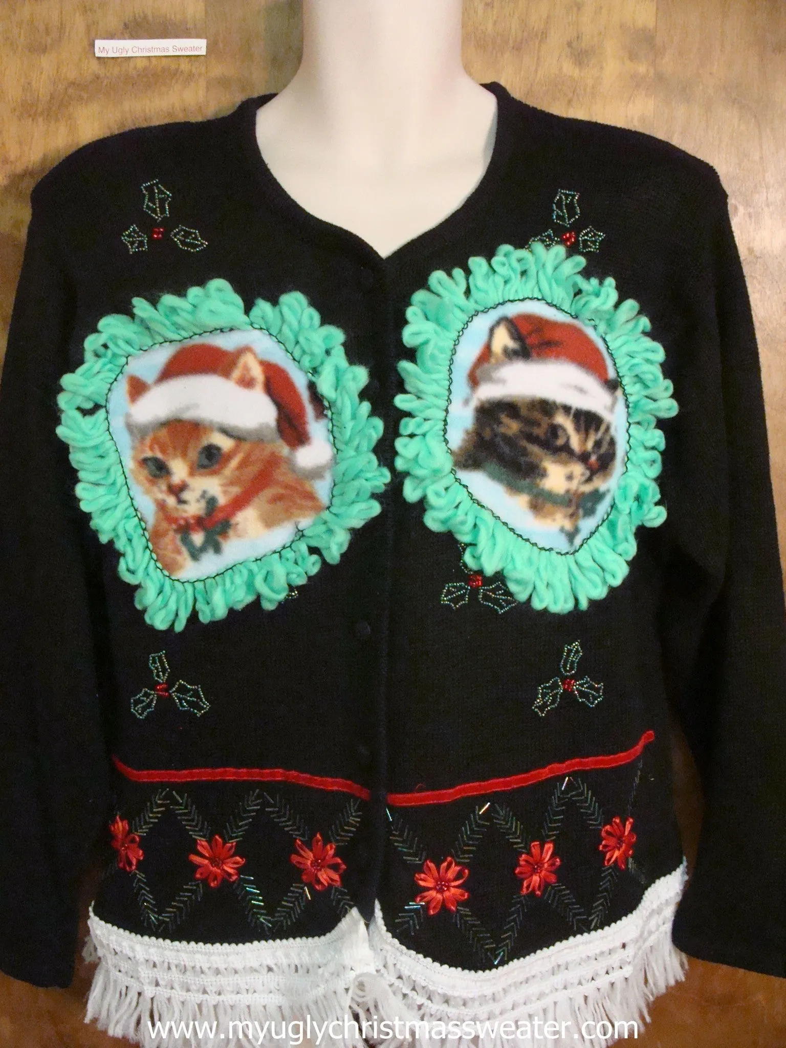 Christmas Poinsettias and Boughs Christmas Cat Ugly Sweater