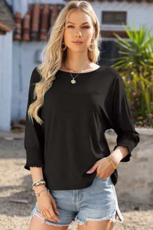 Crew Neck Ruffled Three-Quarter Sleeve Top