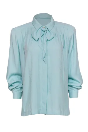 Doncaster - Blue Brocade Textured Button-Up Blouse w/ Neck Tie Sz 12