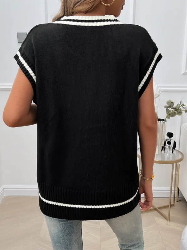 Navy Women's Loose Casual V-Neck Contrast Color Vest Sweater