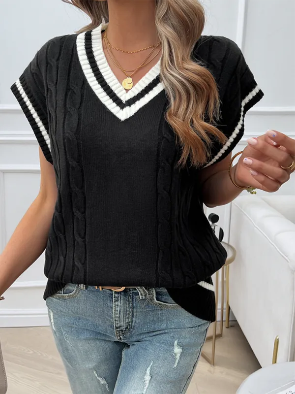 Navy Women's Loose Casual V-Neck Contrast Color Vest Sweater