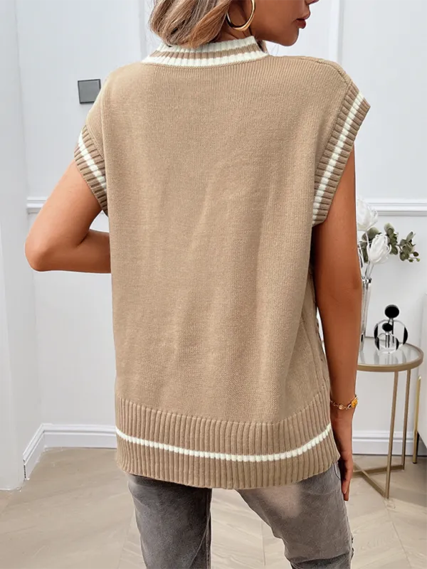 Navy Women's Loose Casual V-Neck Contrast Color Vest Sweater