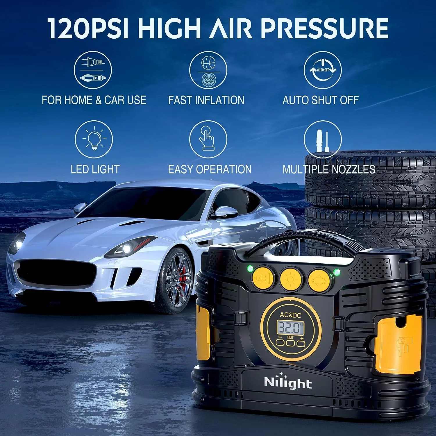Tire Inflator Air Compressor AC/DC Dual Power 120PSI Digital Display