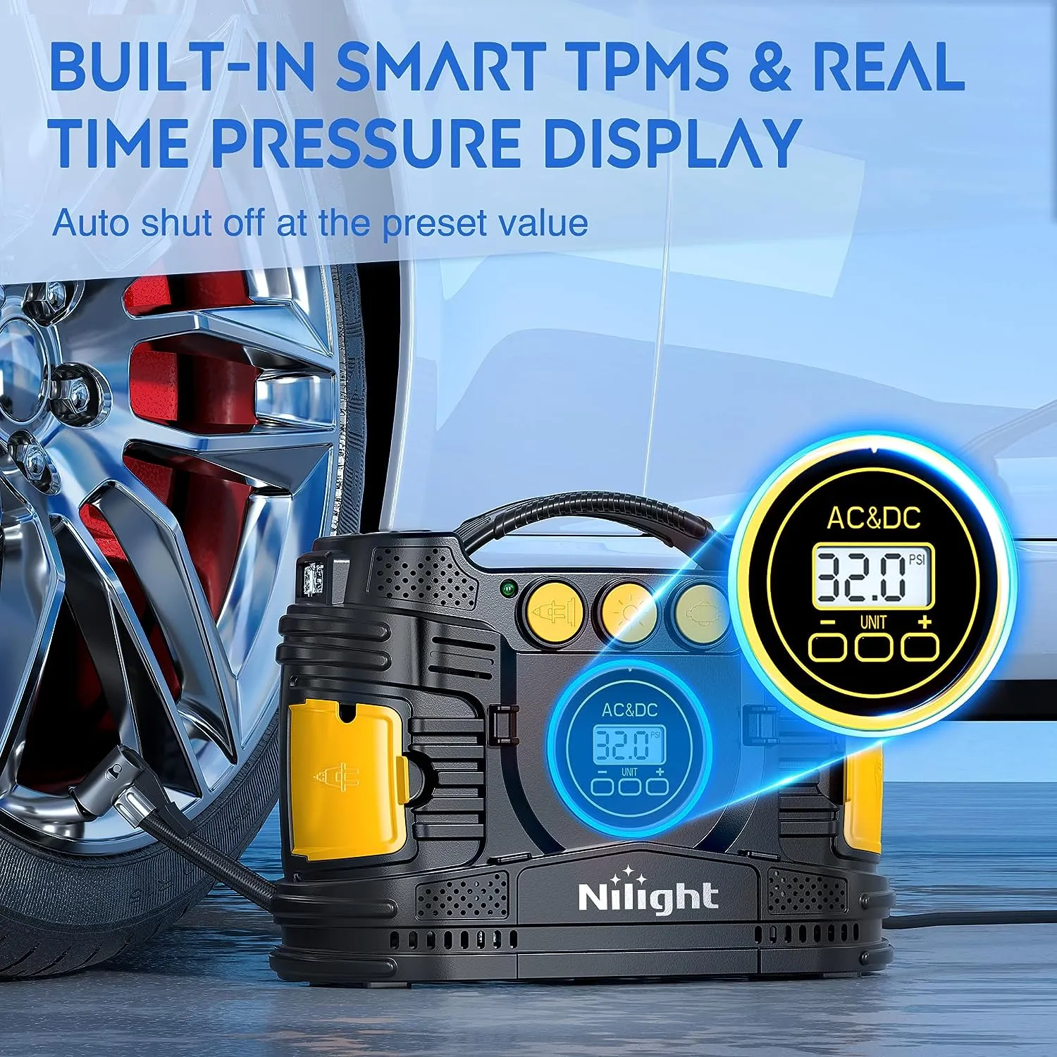 Tire Inflator Air Compressor AC/DC Dual Power 120PSI Digital Display