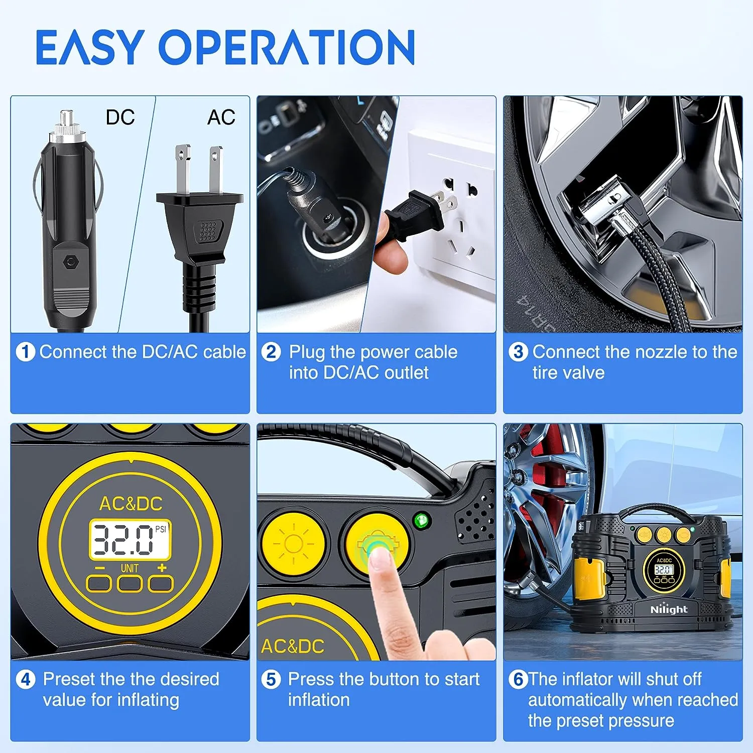 Tire Inflator Air Compressor AC/DC Dual Power 120PSI Digital Display