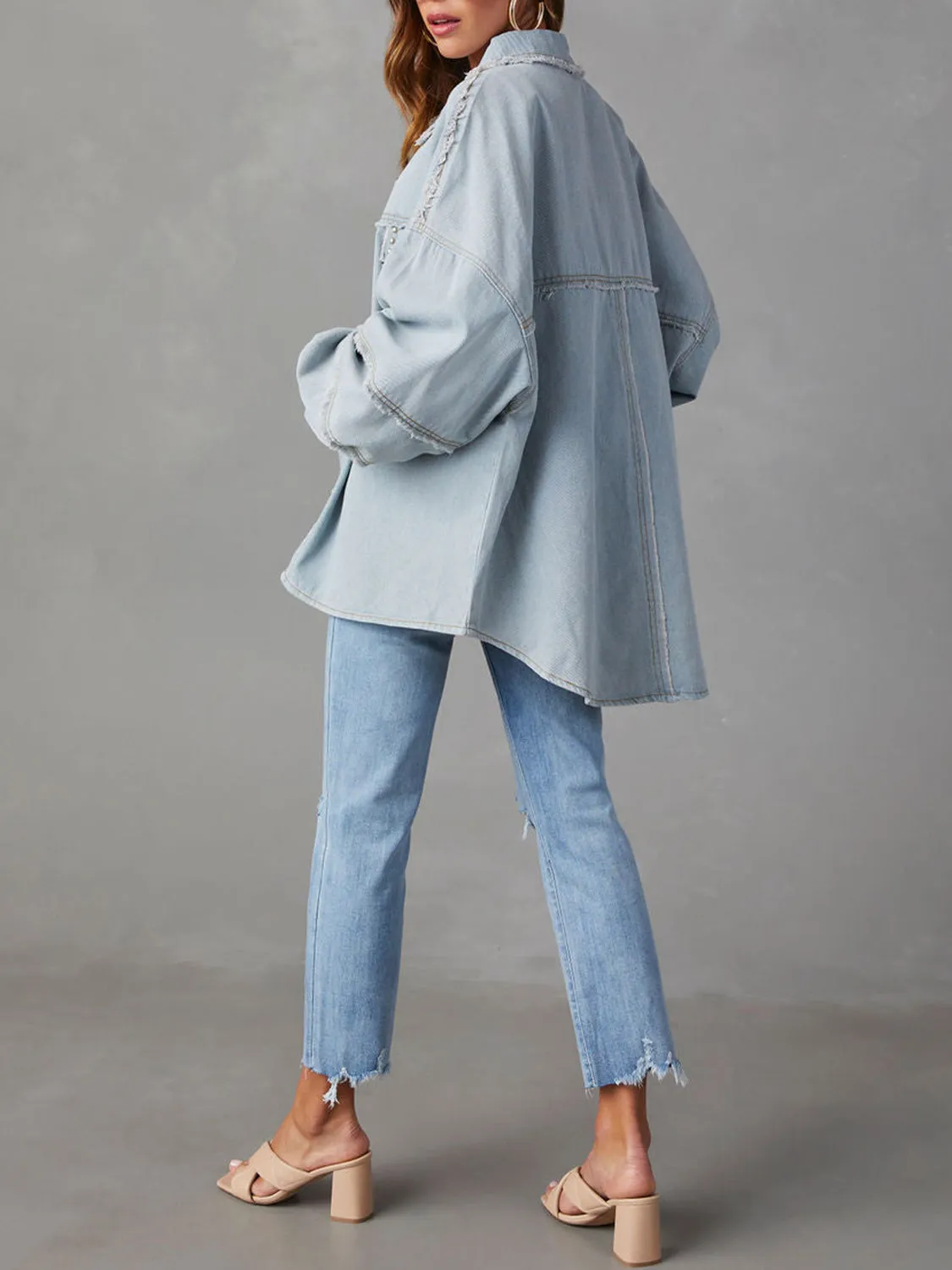 Versatile  Button Down Raw Hem Denim Jacket-Shirt
