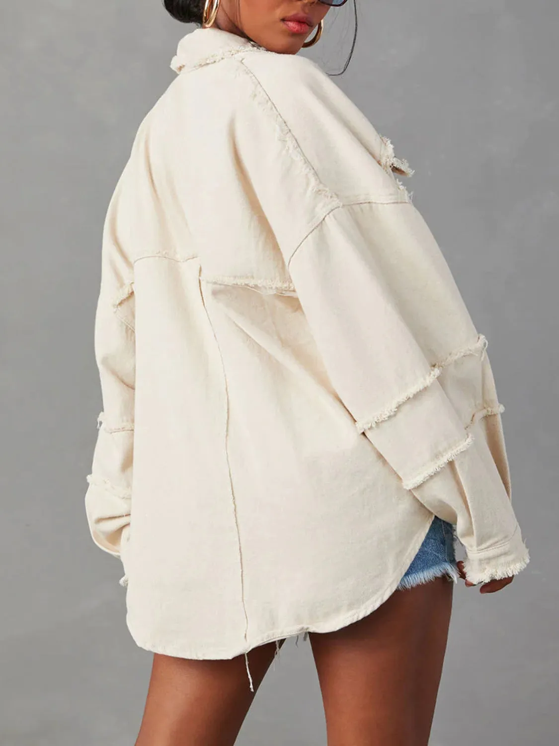 Versatile  Button Down Raw Hem Denim Jacket-Shirt
