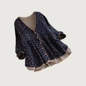 Women’s Floral V-Neck Long-Sleeve Blouse – Elegant and Loose Fit